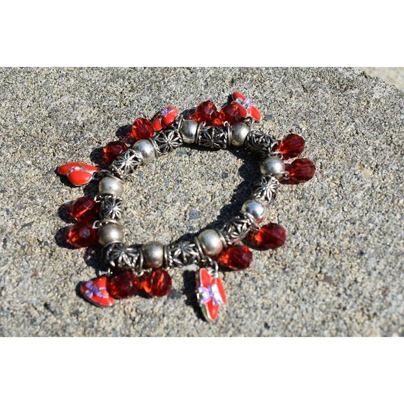 Red Charm Beaded Stretch Bracelet – Silver Tone Accents (Size 7”) - Picture 5 of 7